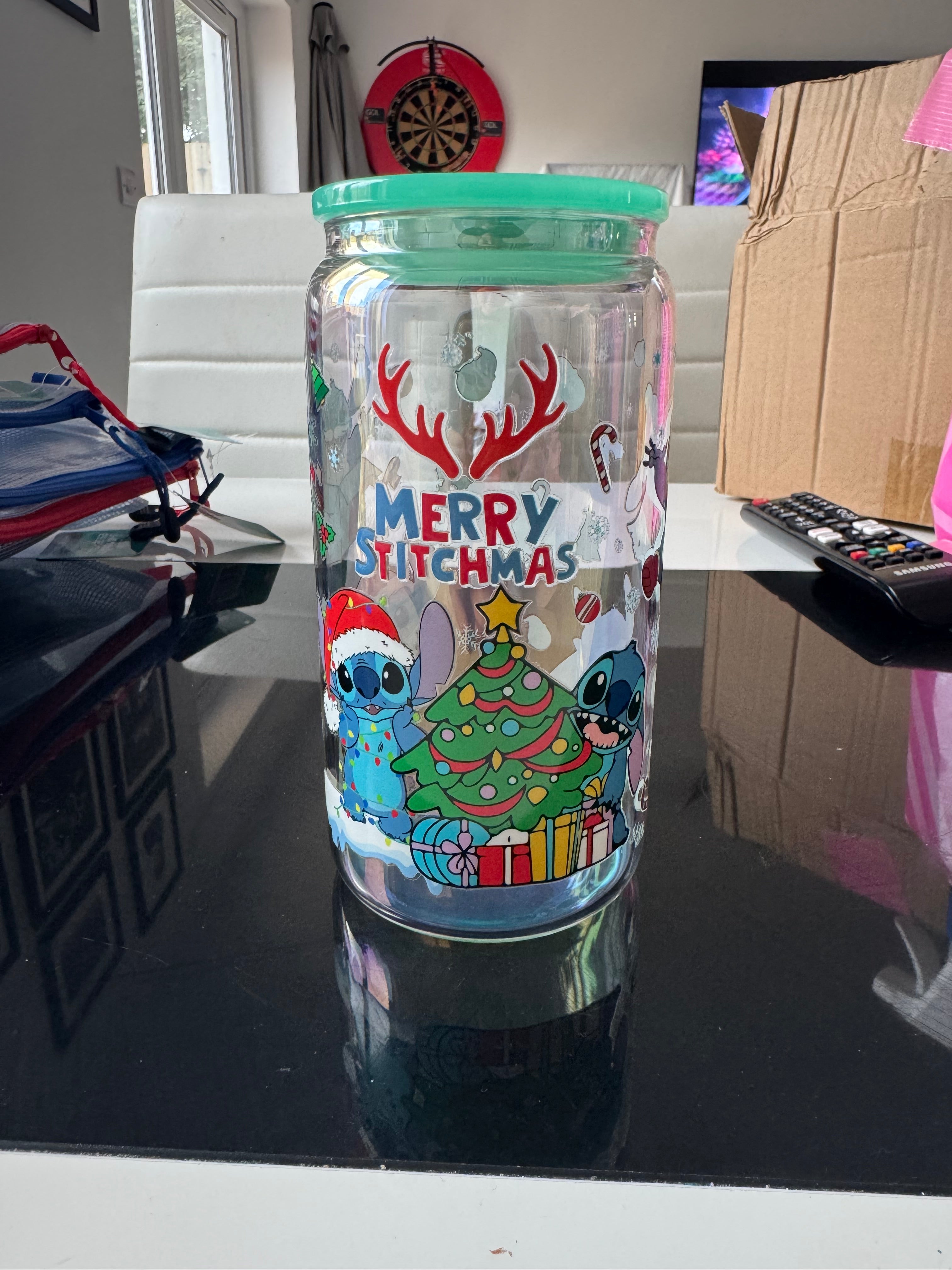 RTS Stitch Christmas 16OZ glass Libby can